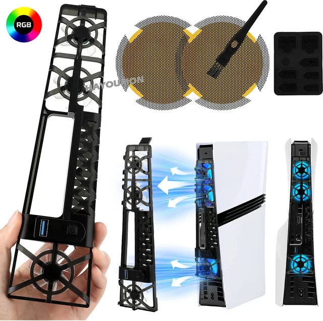 HeroAngel Kühlventilator für PS5 Slim und PS5 Pro mit LED-Licht, 3 Stufen, USB 3.0 Hubs und Staubschutznetz, Schwarz - Bild 1