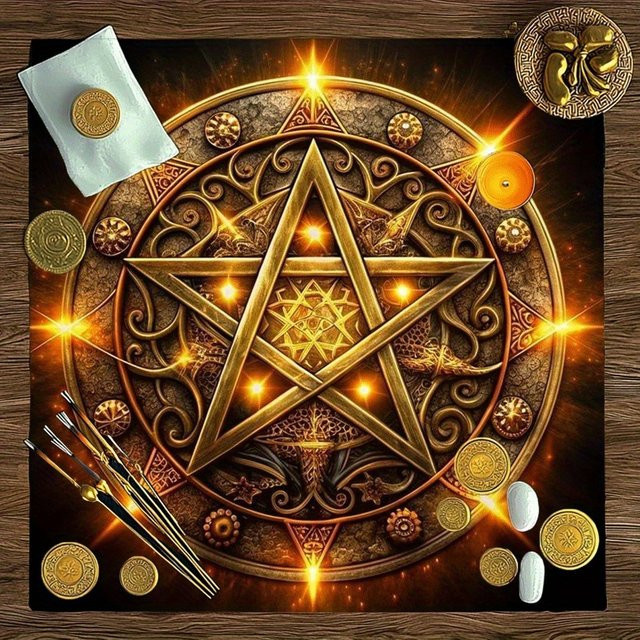 VIKAMA Mystic Pentagram Tischdecke mit Goldfaden im Bohemian Tarot Design - Bild 1