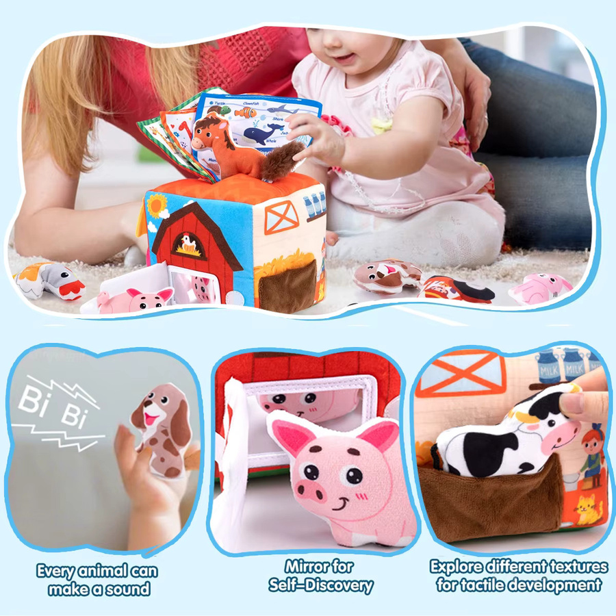 Yunhuisheng Plüsch Baby Tissue Box mit Sound Bauernhof Tiere Montessori Spielzeug für Neugeborene und Kleinkinder, Mehrfarbig - Bild 4