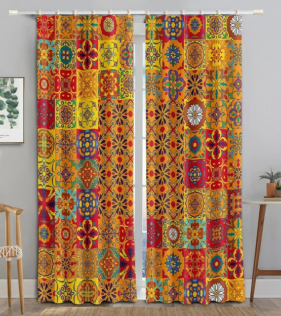 Yiran Furniture Boho-Vorhang aus Polyester mit Grafikdruck, halbtransparent, Mehrfarbig, B: 50 cm, H: 130 cm, 2er-Set inklusive Haken - Bild 1