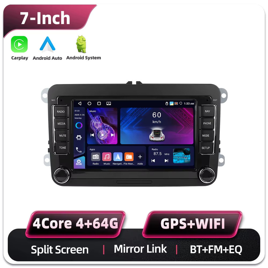 Podofo 7 Zoll 2 Din Autoradio Multimedia-Player mit 6 GB RAM und 128 GB Speicher, Schwarz, mit Wireless Carplay und Android Auto für Seat, VW und Skoda - Bild 3