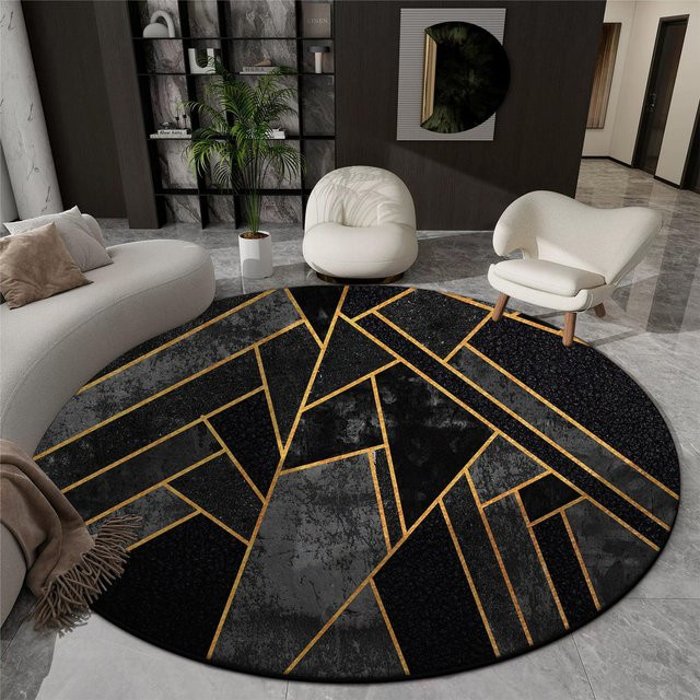 Karpetti Geometrischer Rundteppich in Schwarz, weicher Plüschteppich aus Polyester für Wohnzimmer und Schlafzimmer, Durchmesser: 80 cm - Bild 1