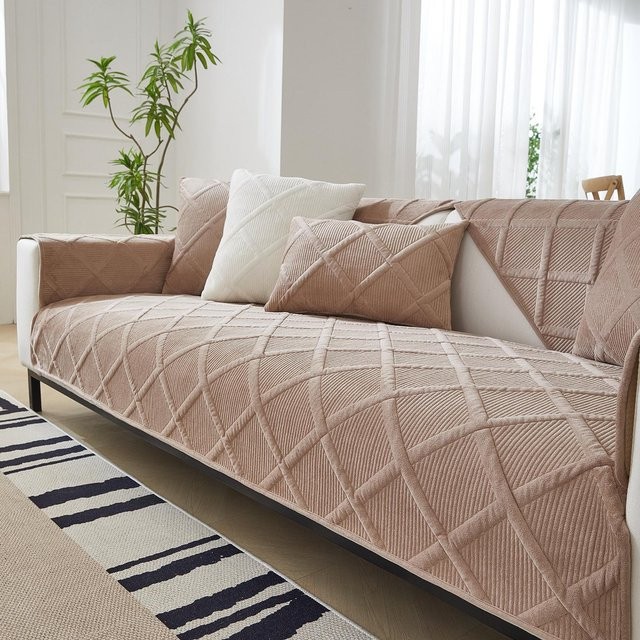 Rutschfester Sofabezug aus weichem Plüsch in Beige, moderner Schonbezug für dein Sofa, Breite: 180 cm, Tiefe: 90 cm - Bild 1