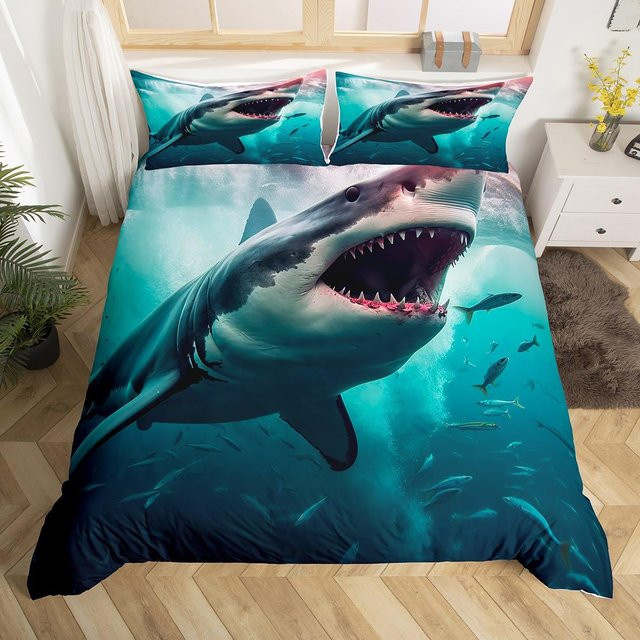 Bettwäsche-Set mit Hai-Motiv von Your Warm Home in Blau-Weiß, bestehend aus Bettbezug und Kissenbezug, B/H: 140 x 210 cm - Bild 1