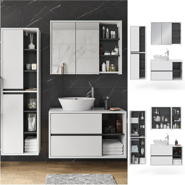 Vicco Badmöbel Set Viola in Weiß und Anthrazit bestehend aus Spiegelschrank, Hochschrank und Waschtischunterschrank - Bild 1