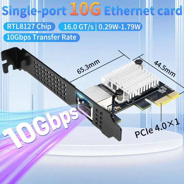 Lekuo 10G Ethernet Netzwerkkarte mit 1 Port RJ45, PCIe 4.0 x1, Realtek 8127, Schwarz - Bild 1