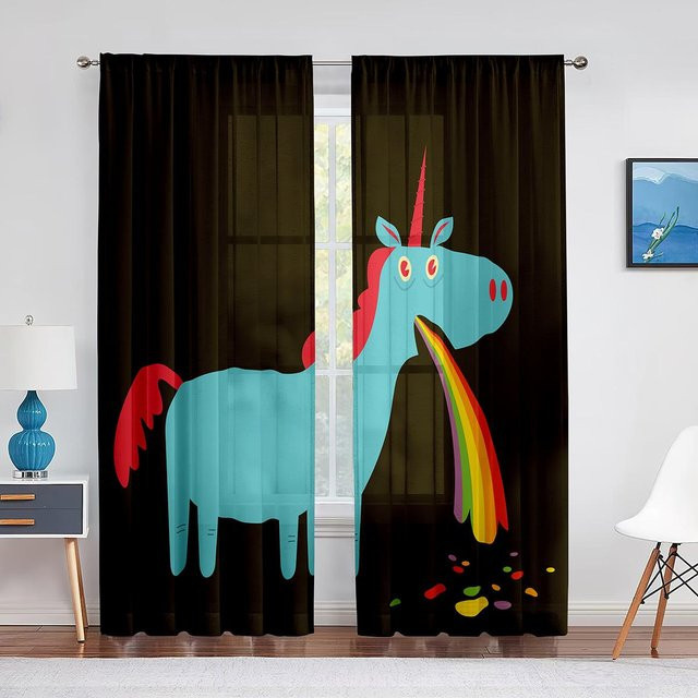 Super Six Einhorn-Regenbogen Chiffon-Vorhang mit buntem Druck, transparent, B: 100 cm, H: 250 cm - Bild 1