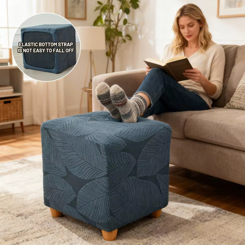 WANERQU Jacquard Ottoman-Bezug mit Blattmuster in Blau, elastischer und waschbarer Überzug für quadratische Fußhocker - Bild 5