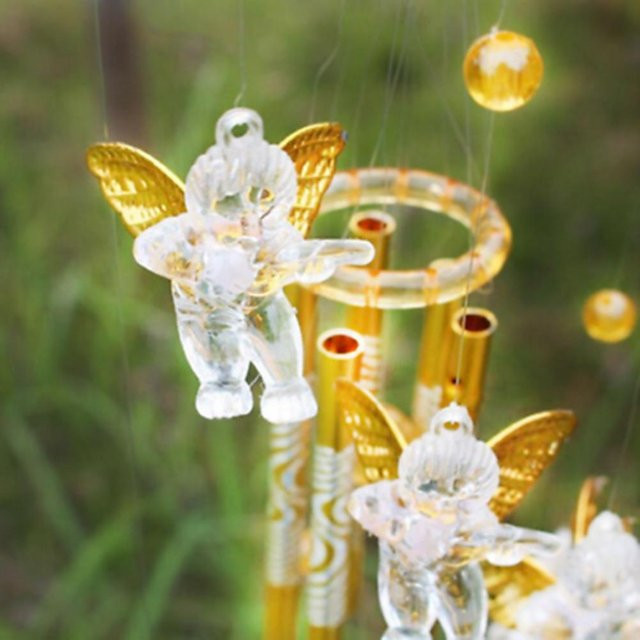 Antikes Liebesengel Windspiel mit 5 Röhren in Gold und Weiß zur Aufhängung für Garten und Wohnzimmer - Bild 1