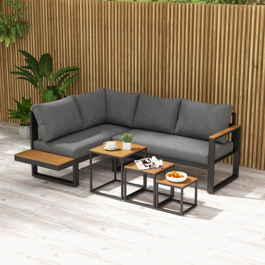 Outsunny 5-tlg Gartenmöbel Set L-Shape Gartenlounge in Grau mit Ecksofa, Doppelsofa, Couchtisch und Sitzkissen aus Aluminium - Bild 2