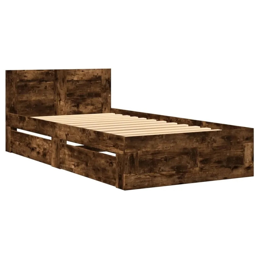 vidaXL Bettgestell mit Kopfteil und Schubladen aus Holzwerkstoff in Räuchereiche, Farbe: Braun, B/H: 75 x 190 cm - Bild 2