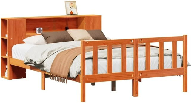 vidaXL Massivholzbett aus Kiefernholz mit Regal in Braun, B/T/H: 135 x 190 cm - Bild 1