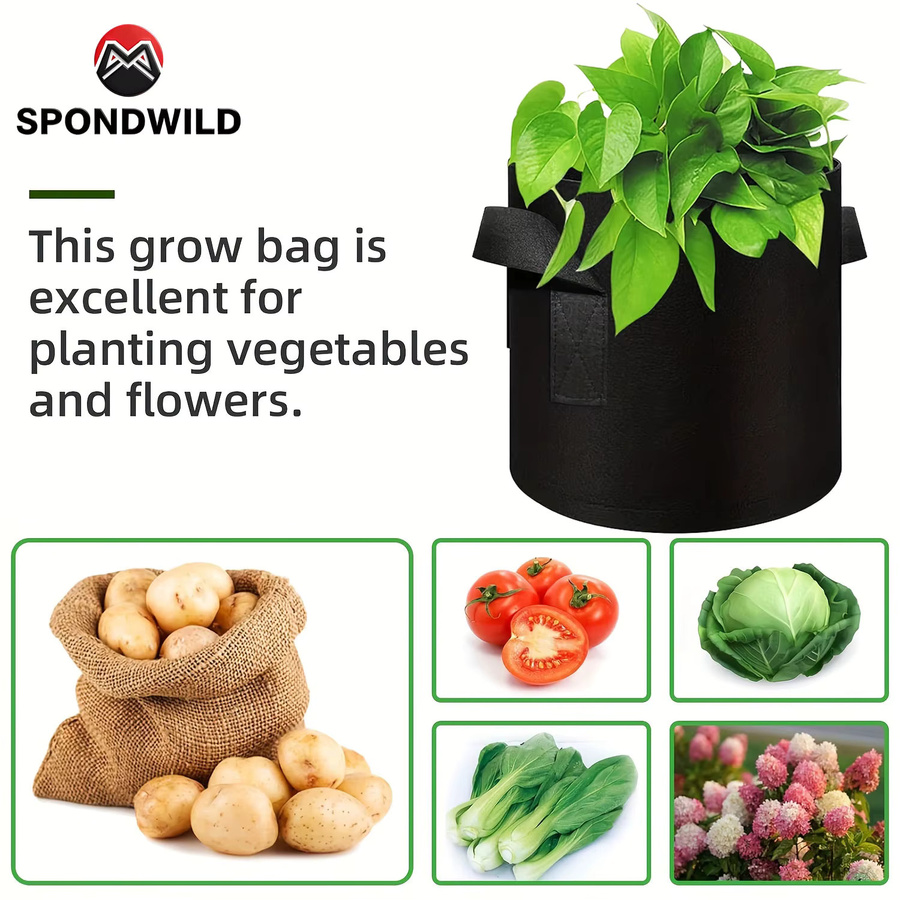 SPONDWILD 10-teiliges Set verstärkte Kartoffelpflanzbeutel aus Vliesstoff in Schwarz für Gemüse und Blumen - Bild 2