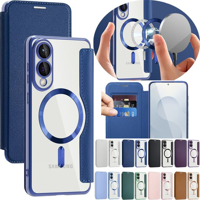 Magnetisches Flip Case für Samsung Galaxy S25 Ultra Edge, S24 Plus FE, S23 und S22 in Grün mit Kartenhalter und kabelloser Ladefunktion - Bild 1
