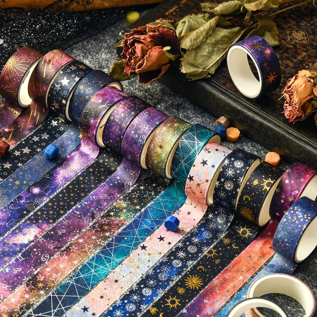 12-Rollen-Set Retro-Washi-Tape mit Sternenhimmel-Motiv in Multicolour, Breite: 1,5 cm, Länge: 2 m pro Rolle - Bild 1