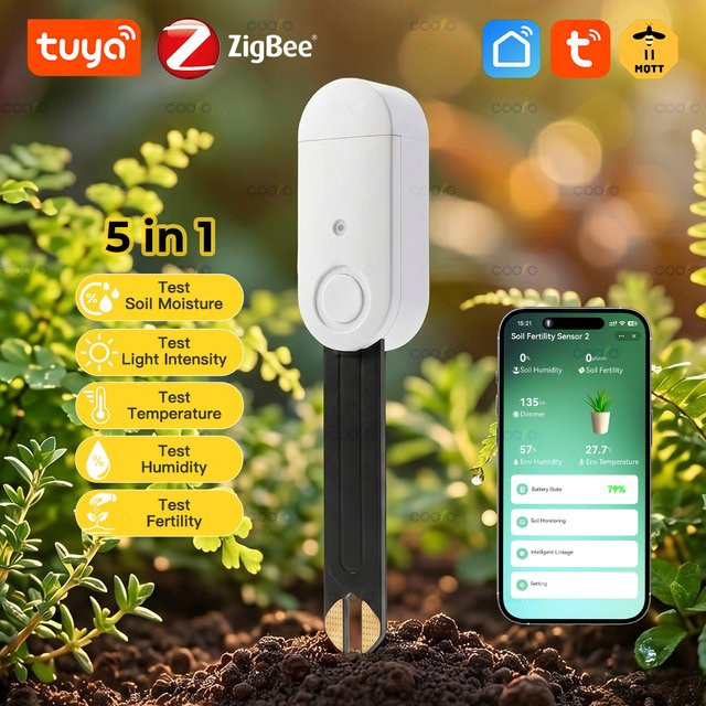 Coolo Tuya Zigbee Bodenfeuchtigkeitssensor mit Temperatur- und Luftfeuchtigkeitsmessung, 3-in-1 bis 5-in-1 Pflanzensensor für Bodenwasser-Mangel-Test, Farbe: Weiß - Bild 1