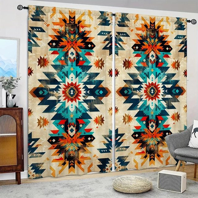 2er-Set Vorhänge mit Tribal-Kunst-Druck von Household supplies MH, halbtransparent, mehrfarbig, B: 107 cm, H: 160 cm - Bild 1