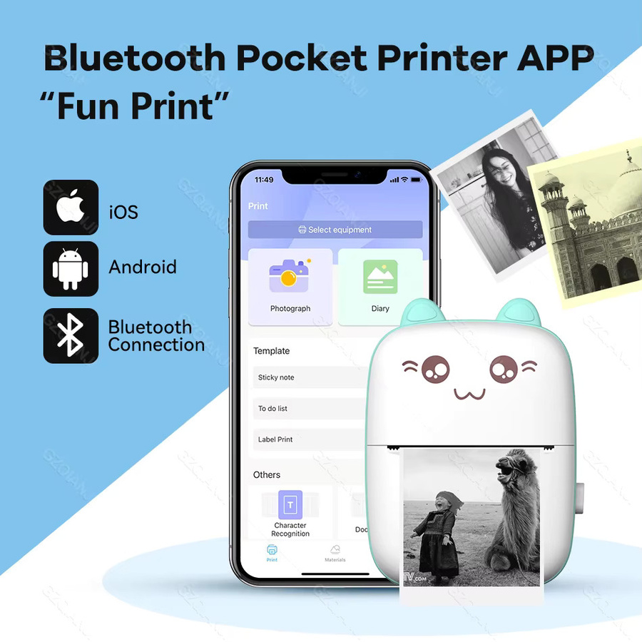 GZQIANJI Bluetooth Mini Label Drucker für Smartphone, Thermischer Foto Drucker für Aufkleber und Klebeaufkleber, 58mm Druckbreite - Bild 2