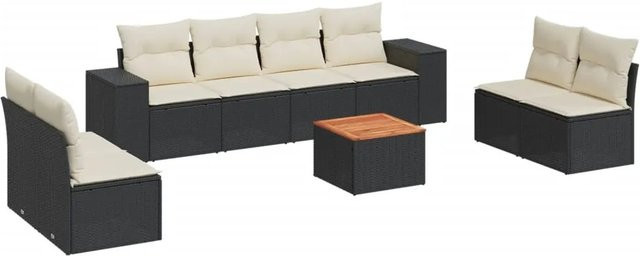 vidaXL 9-tlg Garten-Sofagarnitur in U-Form aus Polyrattan und Akazienholz mit Kissen in Schwarz - Bild 1