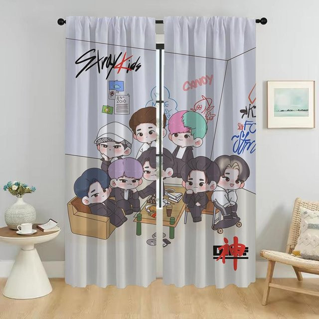 2er-Set KPOP Stray Kids Tüllgardinen in Weiß, semi-transparent mit Grafikdesign für Wohnzimmer und Schlafzimmer, Breite: 74 cm, Höhe: 114 cm - Bild 1
