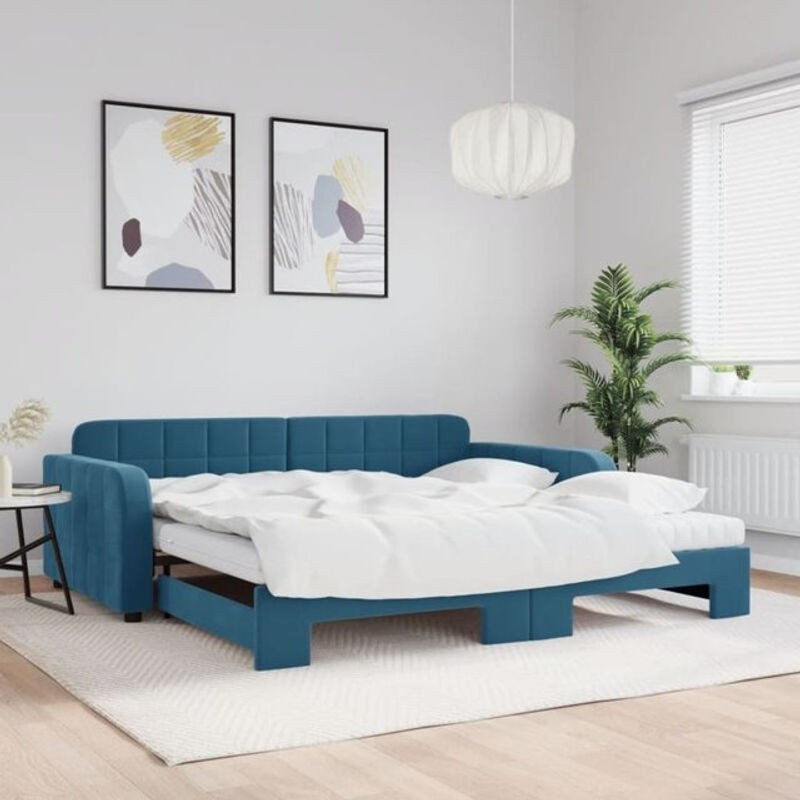 Ausziehbares Tagesbett mit Matratze von vidaxl in Blau aus Samt und Metall, B/T: 100 x 200 cm - Bild 1