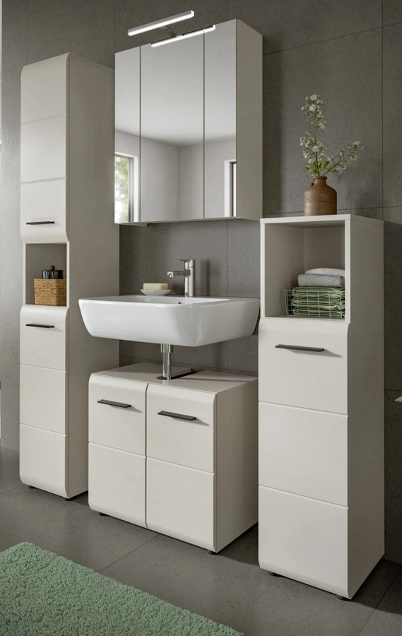 Badmöbel Set Cover von Inn.Furn in Kaschmir, 4-teiliges modernes Badezimmer-Set mit Waschtischunterschrank, Spiegelschrank, Hochschrank und Seitenschrank, Farbe: Kaschmir/Beige/Sand/Weiß - Bild 1
