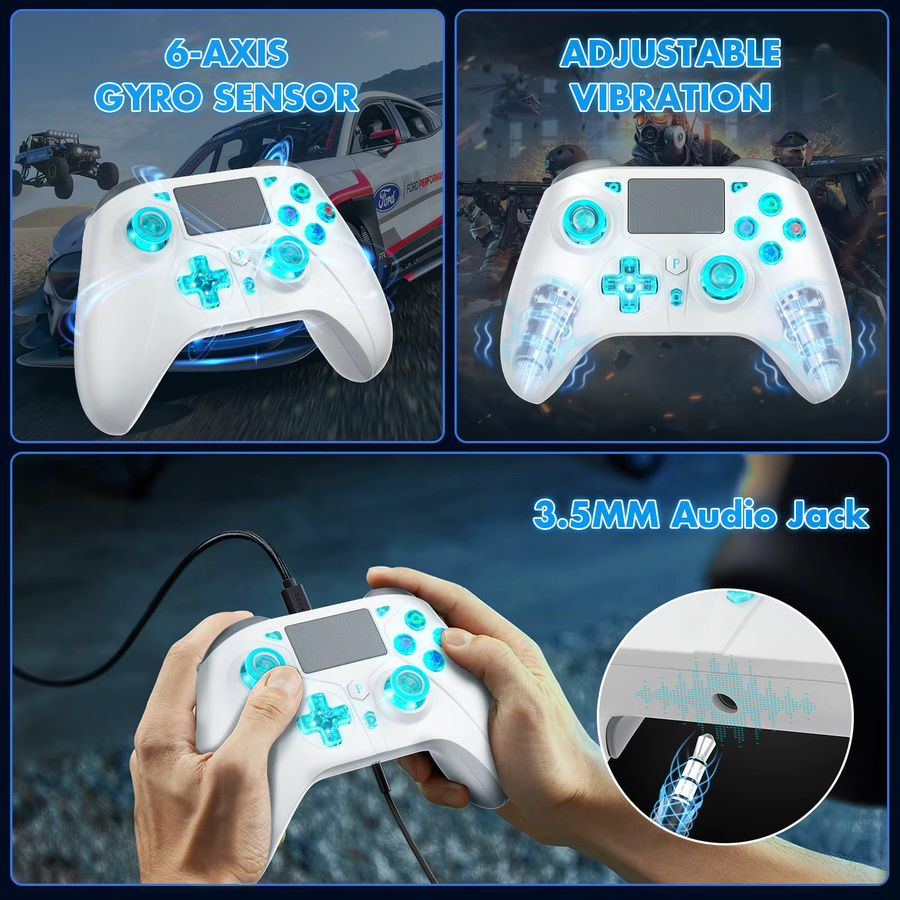 GAMROMBO Wireless Controller in Weiß für PlayStation 4, PS4 Pro, Slim, PS3, PC, iOS und Nintendo Switch mit 6-Achsen-Bewegungssensor, Vibration und 3,5 mm Klinkenanschluss - Bild 4