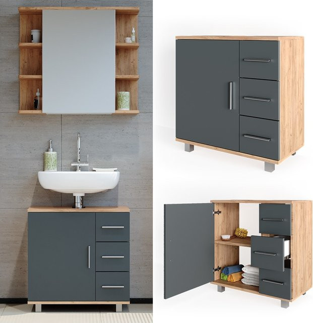 Vicco Waschtischunterschrank Ilias Badschrank in Eiche und Anthrazit, B/T/H: 60 x 33 x 60,8 cm - Bild 1