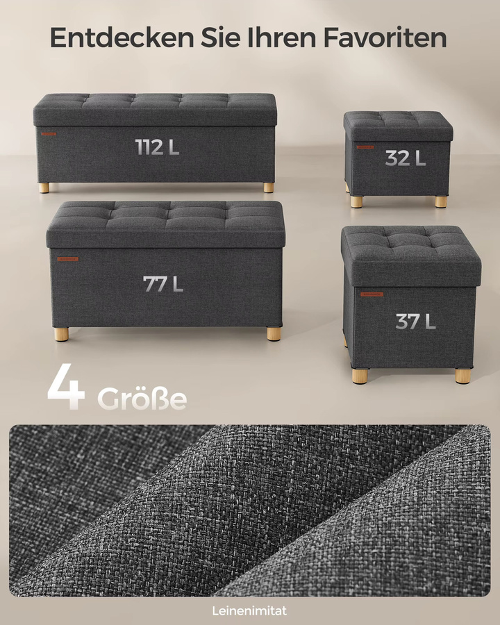 SONGMICS Sitzhocker als viereckige Sitztruhe und Fußhocker in Grau mit Holzfüßen und abnehmbarem Bezug, B/T/H: 38 x 40 x 38 cm - Bild 4