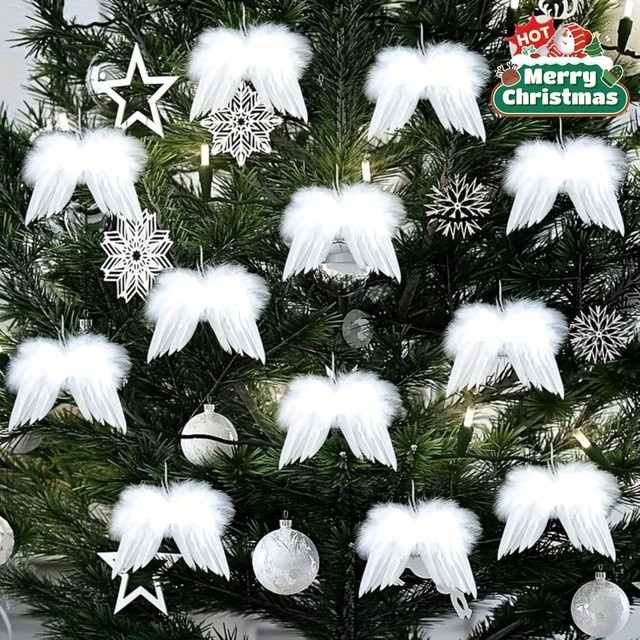 10 Stück weiße Engelsflügel-Dekorationen von DUTRIEUX als Weihnachtsbaumschmuck und DIY-Handwerk aus Textil - Bild 1