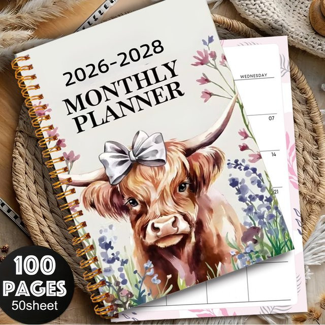 Elegantes Highland Cow Design Wochen- und Monatsplaner 2026-2028, spiralgebundenes Notizbuch mit Softcover in Multicolour - Bild 1