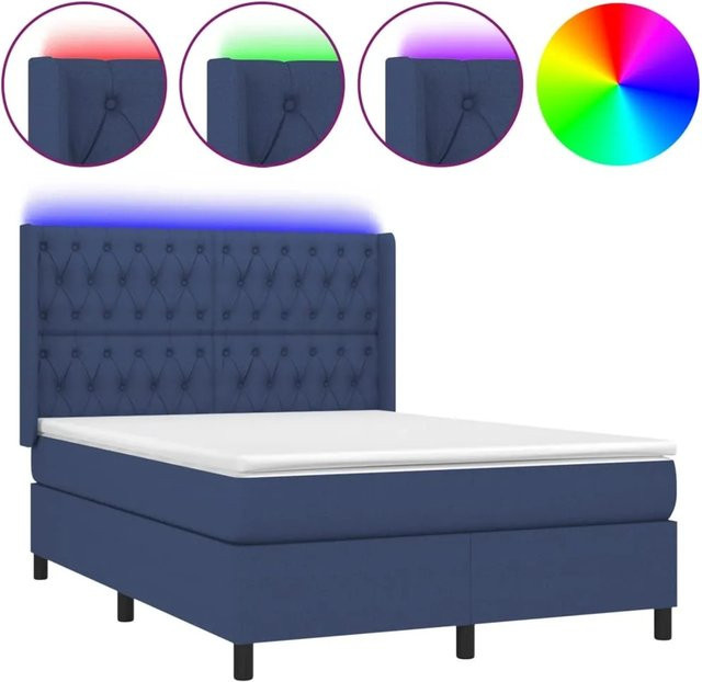 vidaXL Boxspringbett mit Matratze und LED-Unterbettbeleuchtung in Blau und Weiß, Hybrid-Design mit Taschenfederkern, B/T: 140 x 190 cm - Bild 1