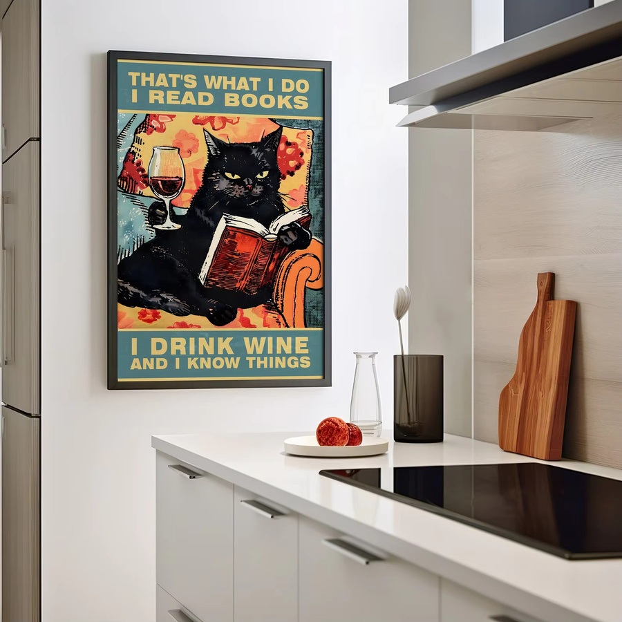 Vintage Wandkunst von SHENCHEN mit schwarzer Katze, Buch und Wein in Typografie-Design als Poster oder Leinwanddruck - Bild 2