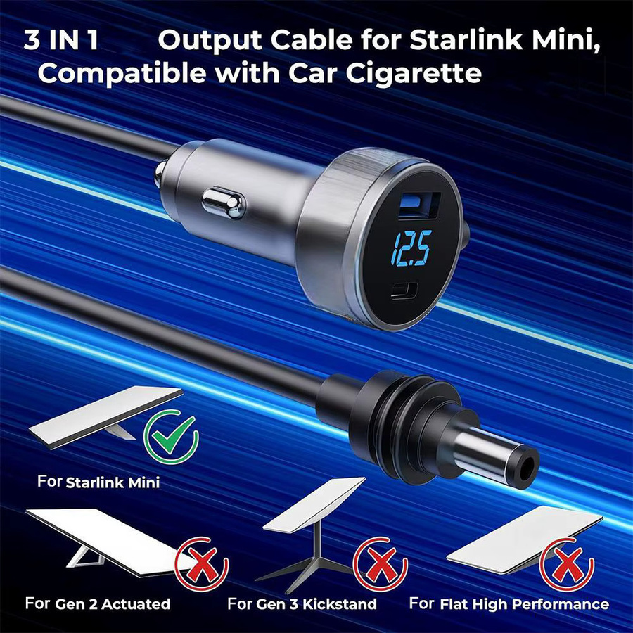 3in1 Mini-Autoladegerät-Adapter für Starlink mit 3 Ports, DC 5521 und USB-C QC 3.0 PD-Schnellladefunktion, Grau, 3/5 m DC-Kabel mit 16 AWG - Bild 4