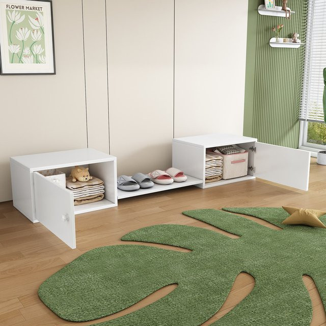 Aosom Schuhbank mit Doppeltüren in Weiss, Schuhwechselbank aus Kiefernholz und MDF, B/T/H: 189 x 40 x 34,5 cm - Bild 1