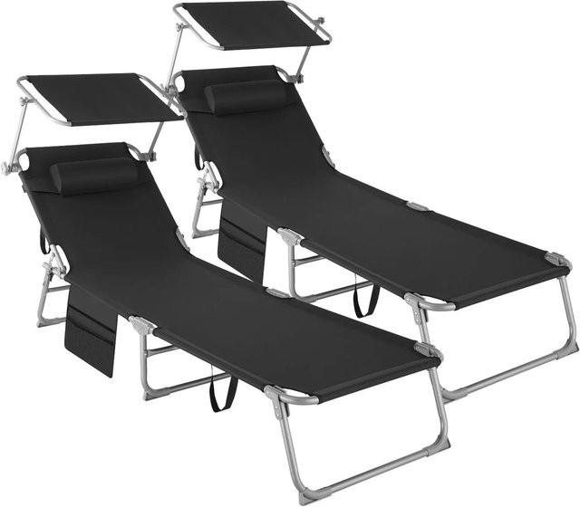 tectake 2er Set Sonnenliege klappbar mit Sonnendach und verstellbarem Kopfpolster Schwarz B/T/H: 190 x 68 x 111 cm - Bild 2