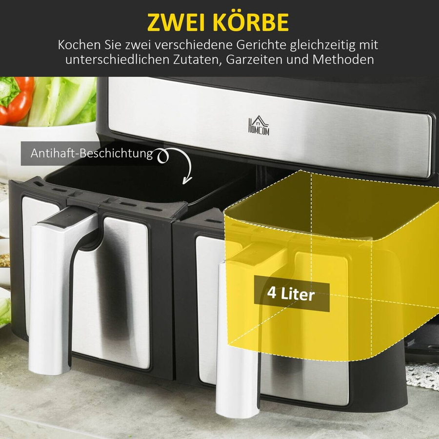 HOMCOM Heißluftfritteuse Dual Zone in Schwarz mit 8 l Fassungsvermögen, B/H/T: 36,3 x 38,8 x 31,1 cm - Bild 5
