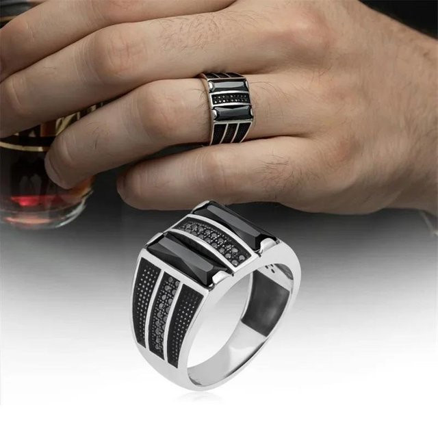 YIRAN Ring Kupfer, Schwarz, Zirkonia, Kristall, Herren - Bild 1