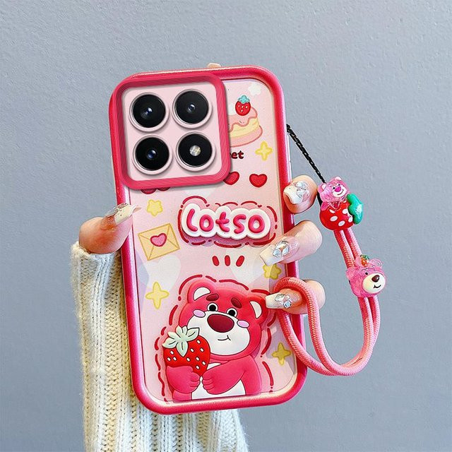 KEYSION Stoßfeste Silikon Hülle für Xiaomi 14T Pro 5G und Xiaomi 14T 5G mit Umhängeband und süßer 3D-Cartoon-Puppe in Pink - Bild 1
