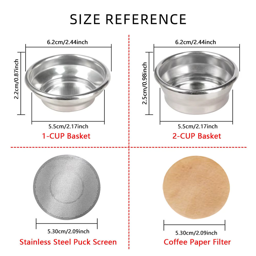 Dalinwell Espresso Siebträger-Set aus Edelstahl mit Druck-Espresso-Filterschüssel, Puck-Sieb und Filterpapier, Silber, Durchmesser: 54 mm - Bild 2