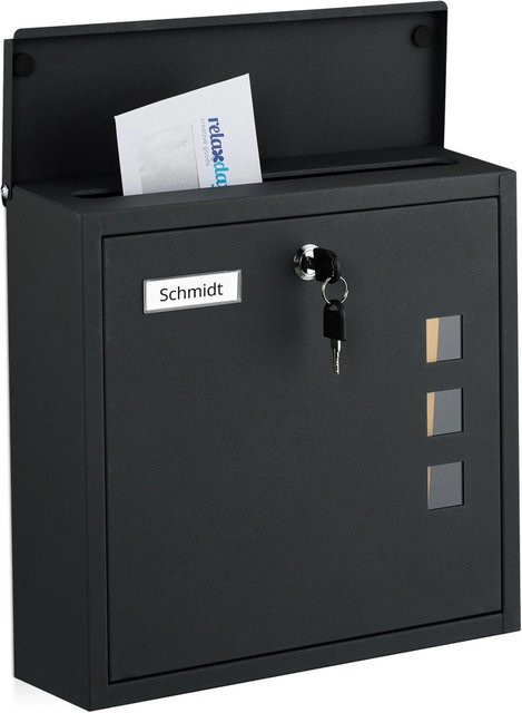 Relaxdays Briefkasten aus Eisen in Schwarz, abschließbar mit Sichtfenster und Namensschild, Wandmontage, B: 35 cm, H: 33 cm, T: 12 cm - Bild 1