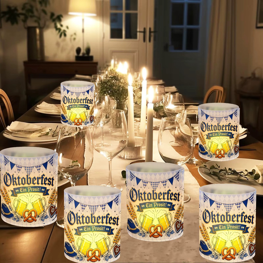 12 Stück Kerzenlampenschirme im Oktoberfest-Design mit blau-weiß kariertem Muster, Bierkrügen und Brezeln, Farbe: Blau-Weiß/Mehrfarbig, Durchmesser: 27 cm - Bild 5