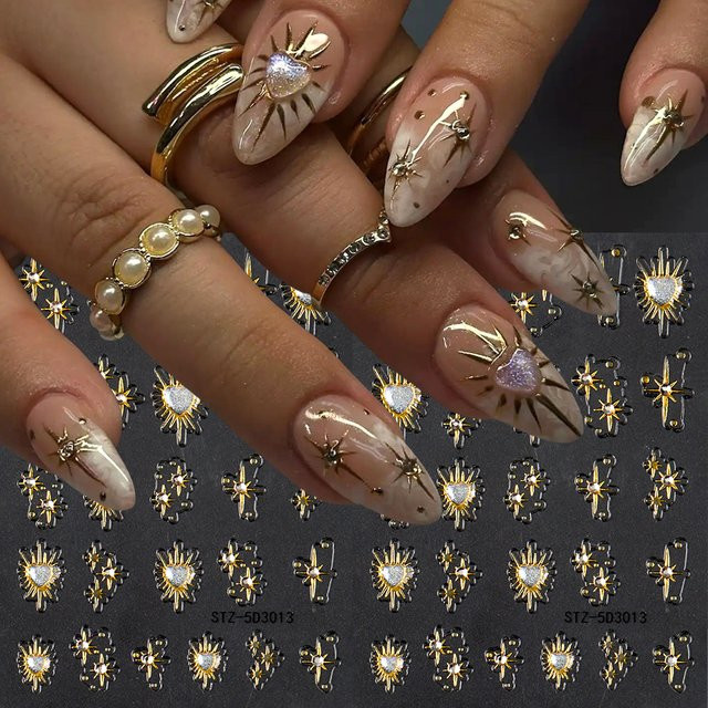 Full Beauty Nail Art Aufkleber, 2 Stück, Gold, Herz und Stern mit Strasssteinen - Bild 1