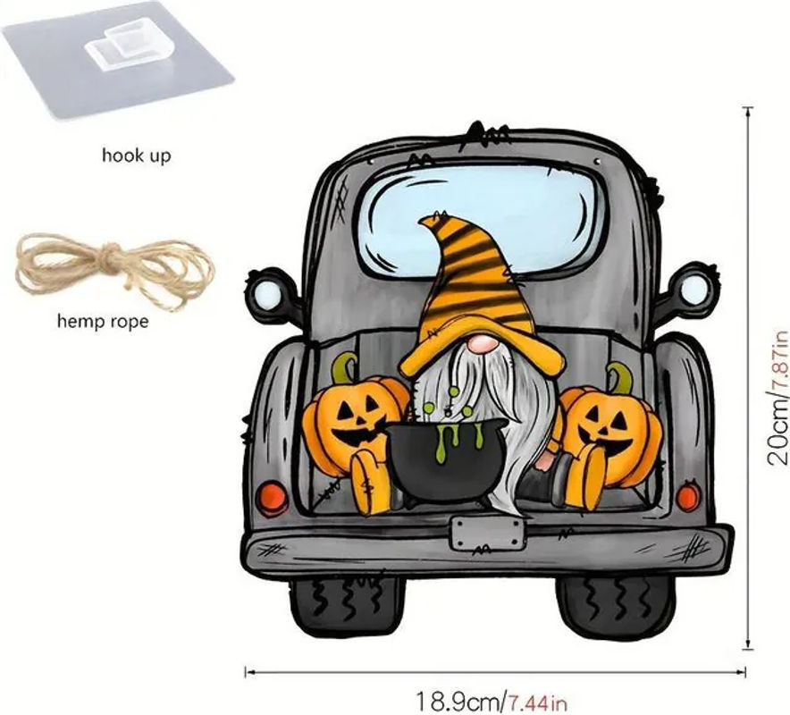 SZ-Damai Halloween Wandbehang aus Holz mit Kürbis-Auto-Motiv, mehrfarbiges Dekorationszubehör für deine Party - Bild 1
