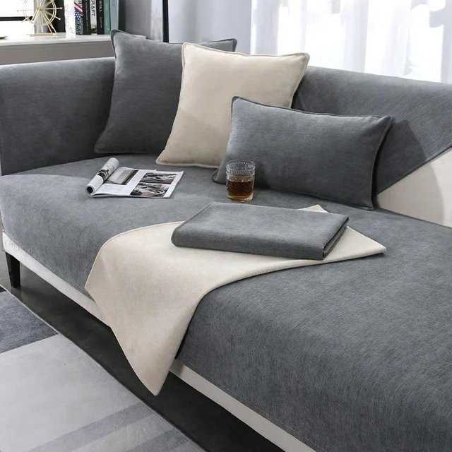 Nordische Chenille Sofaüberwurfmatte für L-förmige Sofas, rutschfest und waschbar, Farbe: Schwarz, Breite: 45 cm, Breite: 45 cm - Bild 1