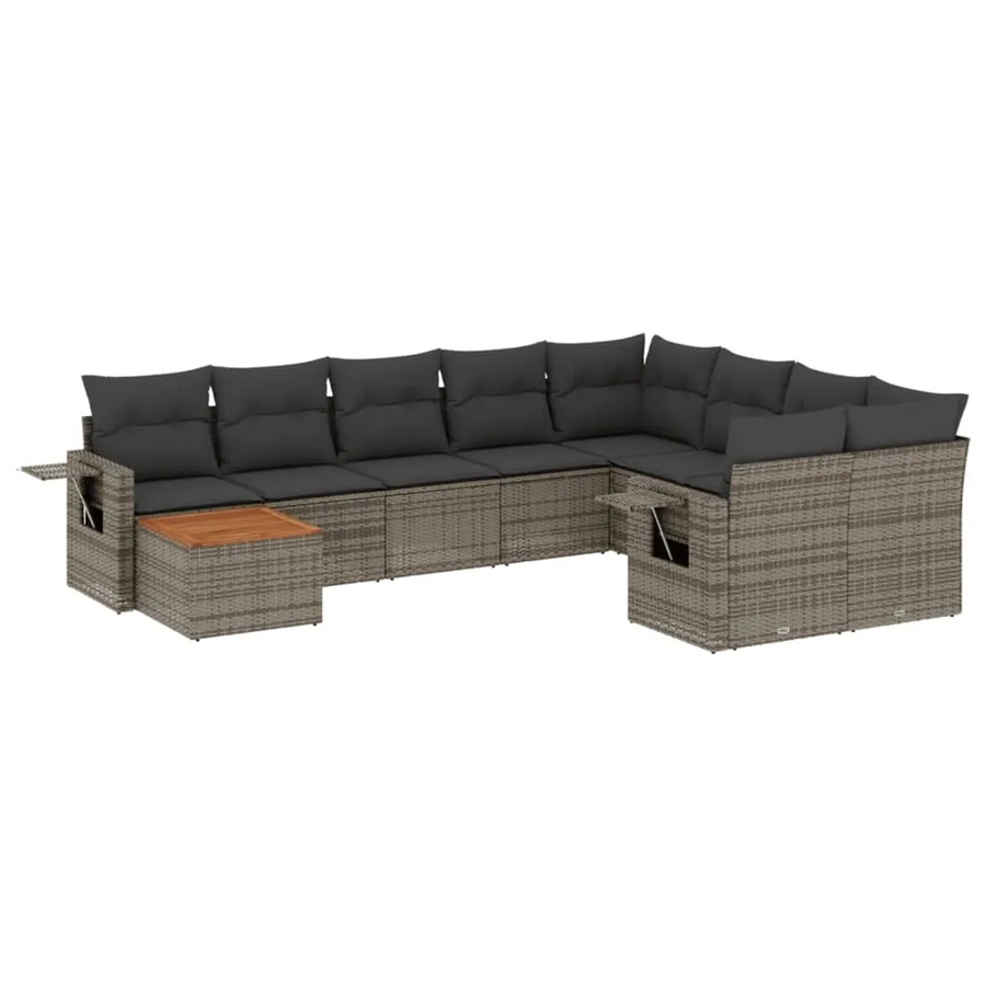 vidaXL 10-tlg. Garten-Sofagarnitur in L-Form aus Polyrattan und Akazienholz mit Kissen in Grau - Bild 2
