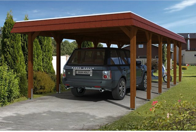 Skan Holz Carport Spreewald aus Nadelholz mit roter Blende in Nussbaum, B/T: 893 x 396 cm - Bild 1