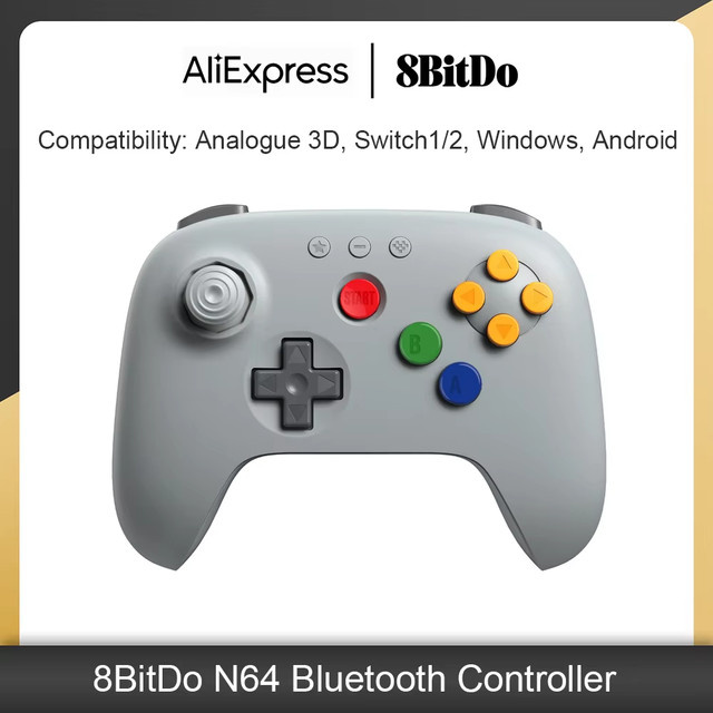 8BitDo N64 Bluetooth-Controller mit Hall-Effekt-Joysticks für Analogue 3D, Nintendo Switch, Windows und Android in Schwarz und Grau - Bild 1