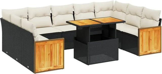vidaXL 10-tlg. Garten-Sofagarnitur in U-Form aus Polyrattan und Akazienholz mit Kissen, Schwarz - Bild 1