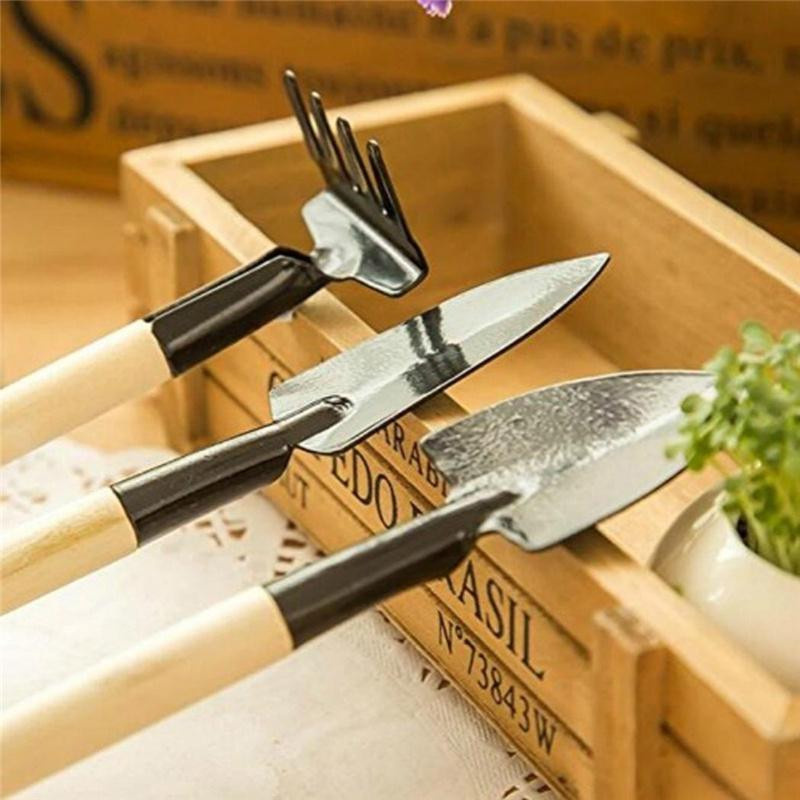 Happypilot Dreiteiliges Mini-Gartengeräte-Set aus Metall und Holz mit Schaufel, Rechen und Spaten für Sukkulenten und Blumenpflanzungen - Bild 3